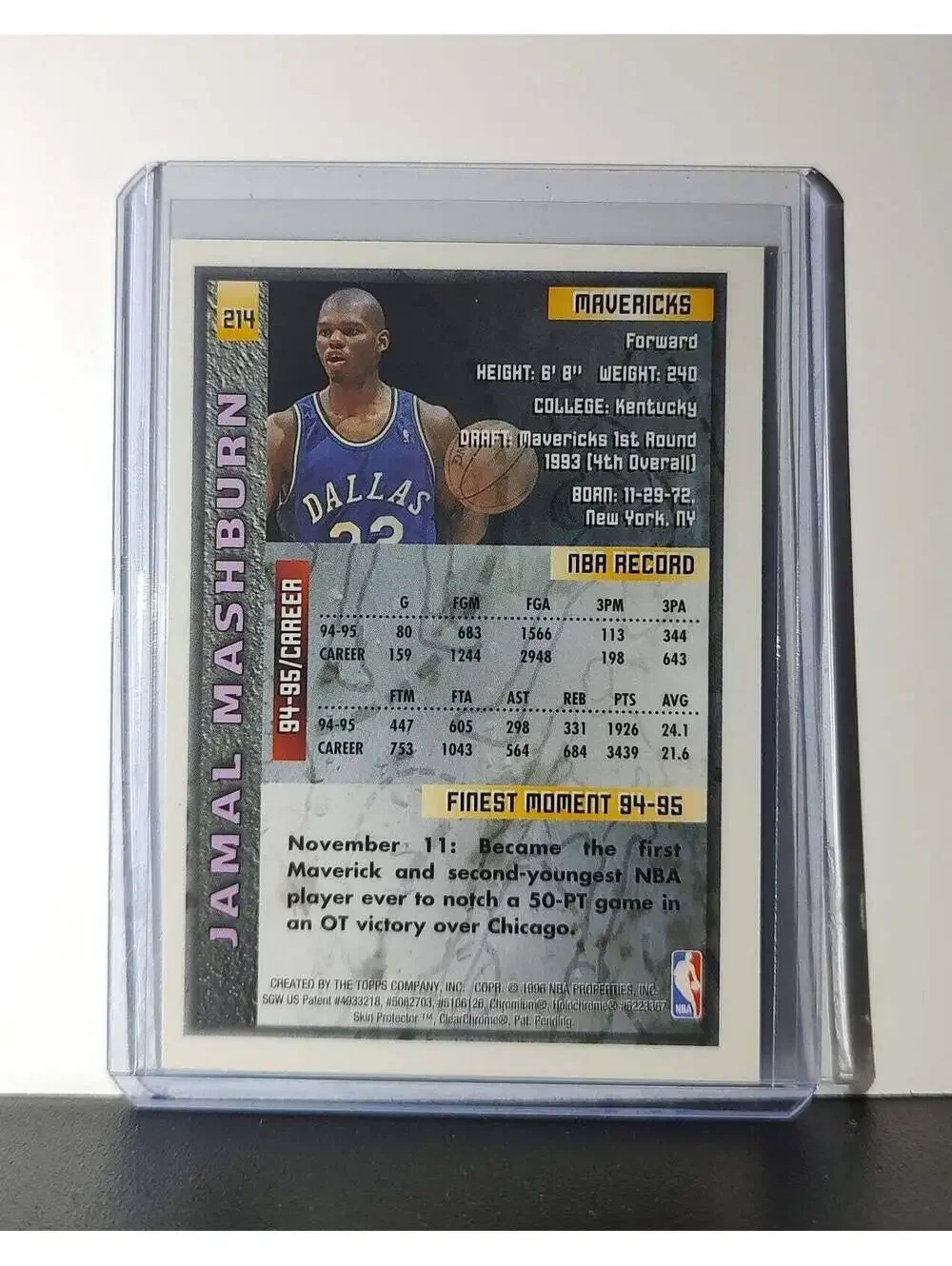 Jamal Mashburn 1995-96 Topps Finest NBA #214 Card Mavericks